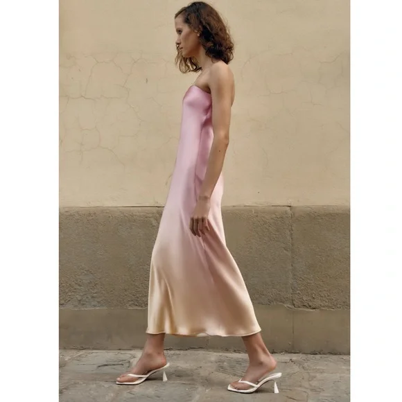 Zara STRAPLESS TIE DYE SATIN EFFECT DRESS - Picture 12 of 16